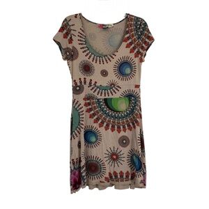 Desigual Dress Size Large Short Sleeve Beige Floral/geo Pattern stretch midi